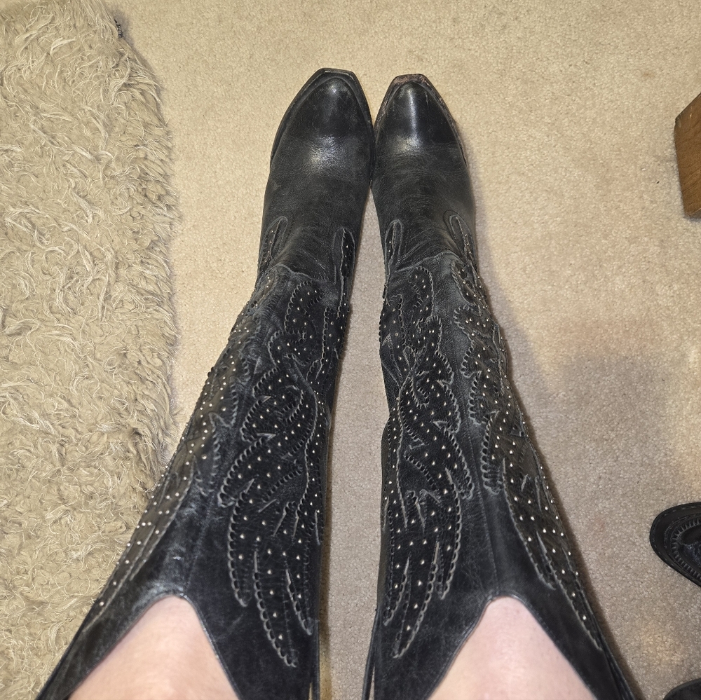 Black Leather Studded Knee High Boots Size 8